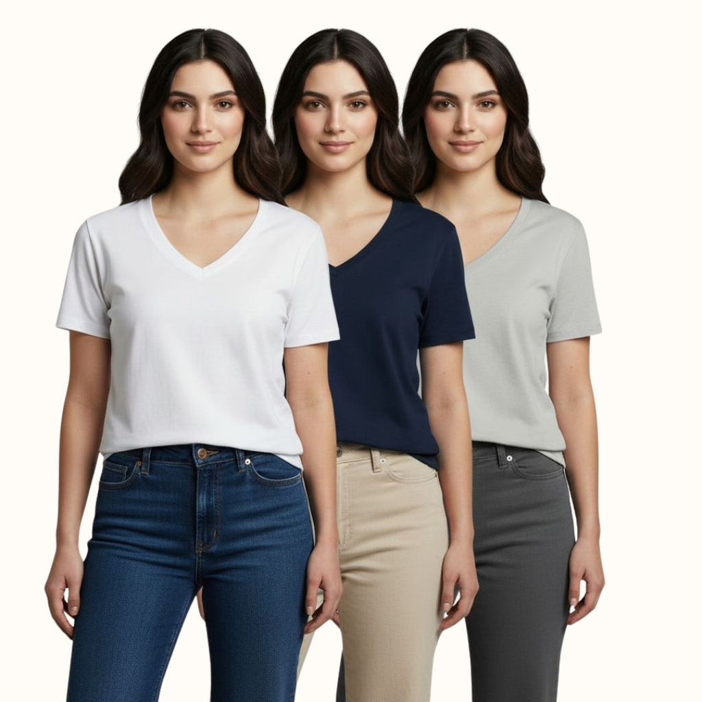 Women's 3-Pack Casual V-Neck T-Shirts | Soft, Comfy & Trendy | UAE Exclusive Offer