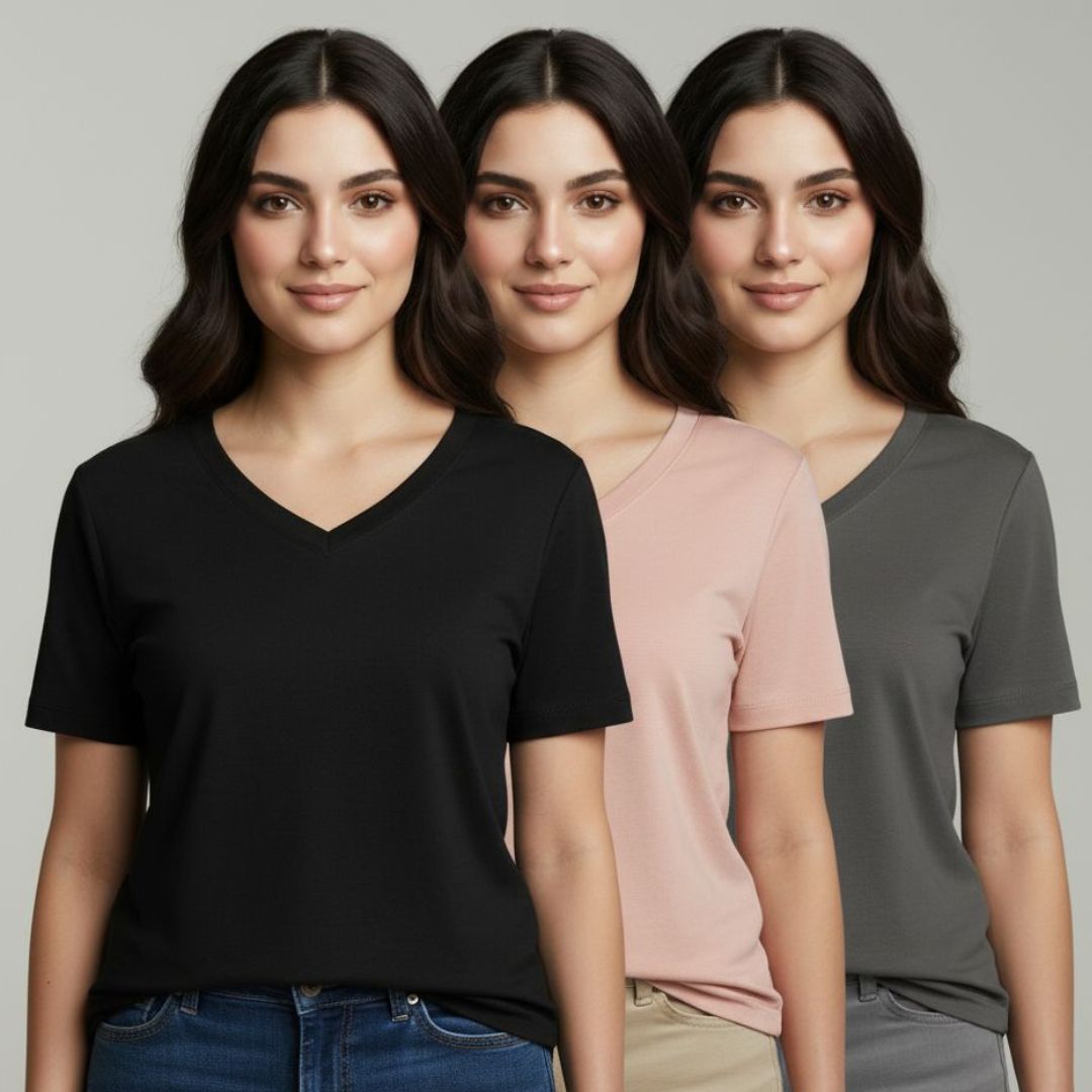 Women's 3-Pack Casual V-Neck T-Shirts | Soft, Comfy & Trendy | UAE Exclusive Offer